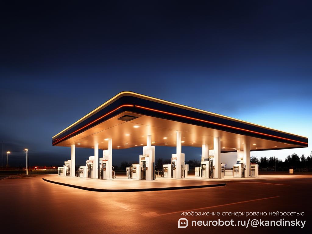 Панорамный вид современной Автоматизированной Газонаполнительной Станции (АГНКС) на закате, с передовыми топливными дозаторами и просторным, хорошо освещенным двором промт для нейросети Кандинский, 16:9