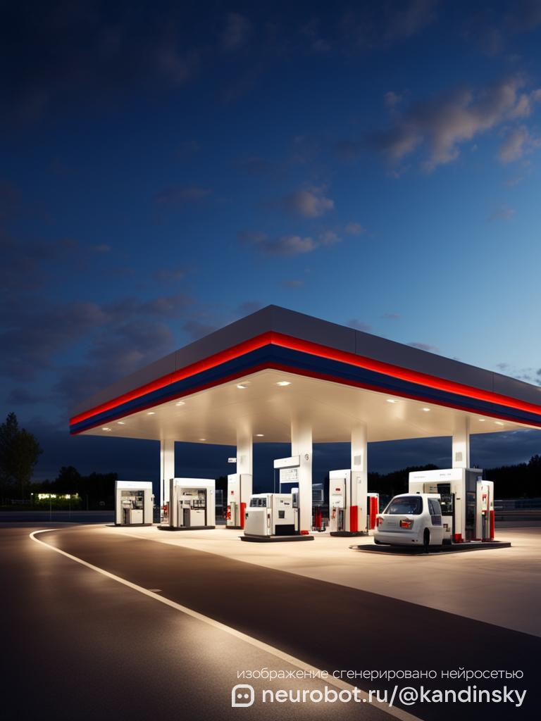 Панорамный вид современной Автоматизированной Газонаполнительной Станции (АГНКС) на закате, с передовыми топливными дозаторами и просторным, хорошо освещенным двором промт для нейросети Кандинский, 9:16