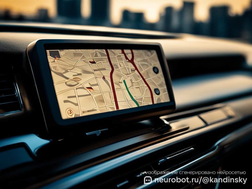 Стильное изображение современного GPS-навигатора на приборной панели автомобиля, с картой города на экране и видом на городской пейзаж за ветровым стеклом промт для нейросети Кандинский, 16:9