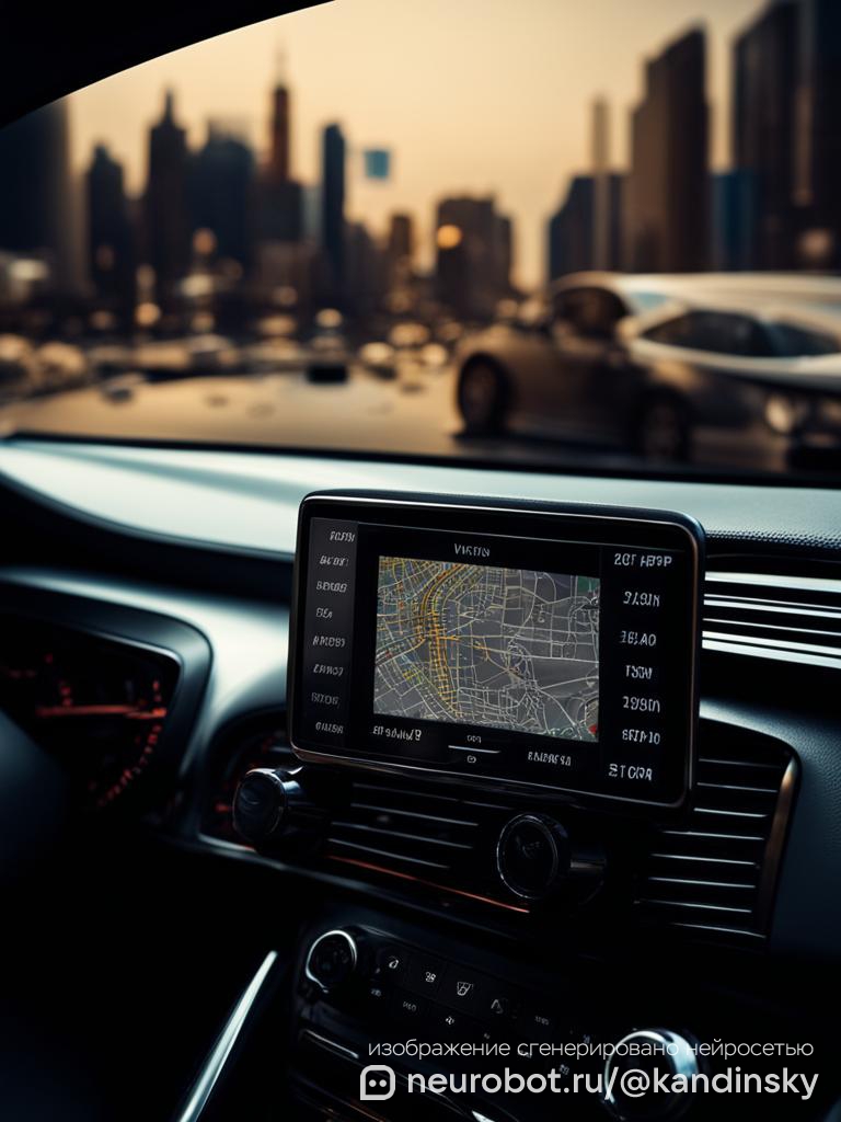 Стильное изображение современного GPS-навигатора на приборной панели автомобиля, с картой города на экране и видом на городской пейзаж за ветровым стеклом промт для нейросети Кандинский, 9:16