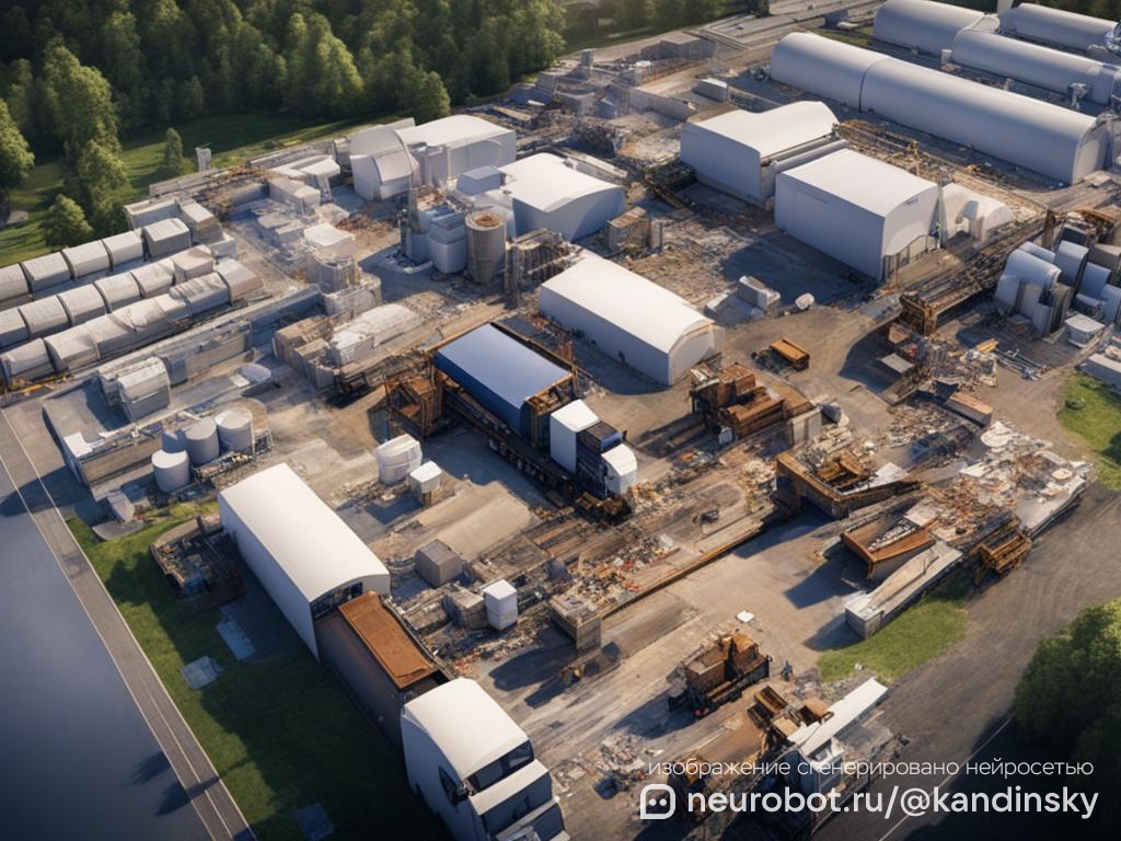 Вид сверху на завод по переработке бумаги: Просмотреть изображение промт для нейросети Кандинский, 16:9