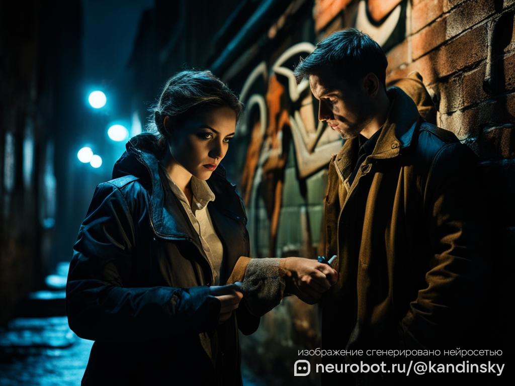 Драматическая сцена в темном переулке в Москве с двумя детективами промт для нейросети Кандинский, 16:9