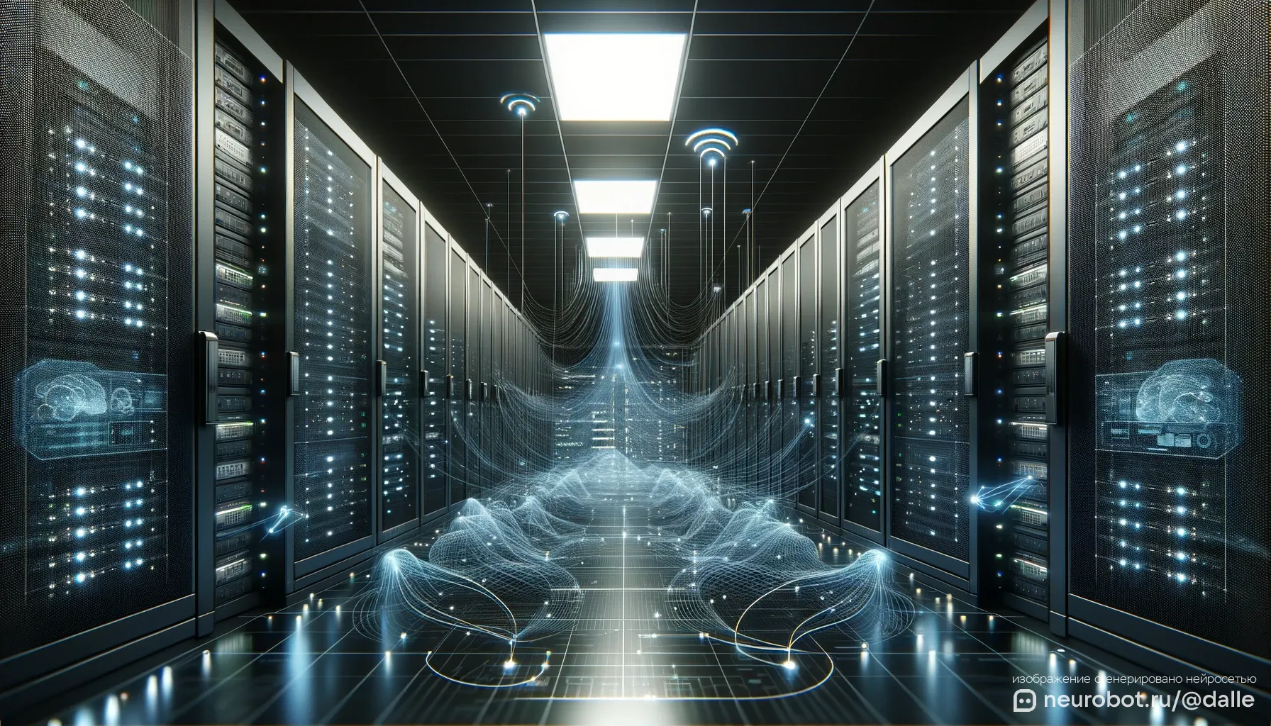 Цифровая 3D-визуализация центра обработки данных с прозрачными стенами промт для нейросетей