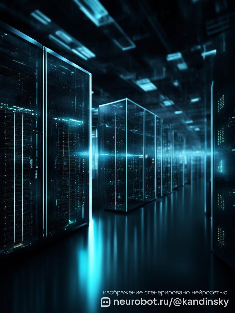 Цифровая 3D-визуализация центра обработки данных с прозрачными стенами промт для нейросети Кандинский, 9:16