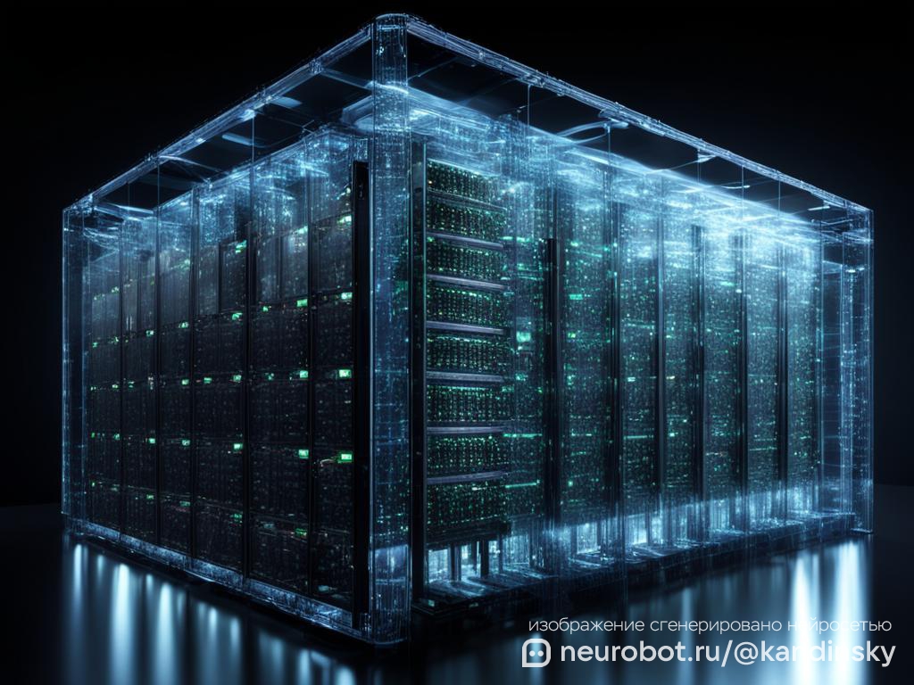 Цифровая 3D-визуализация центра обработки данных с прозрачными стенами промт для нейросети Кандинский, 16:9