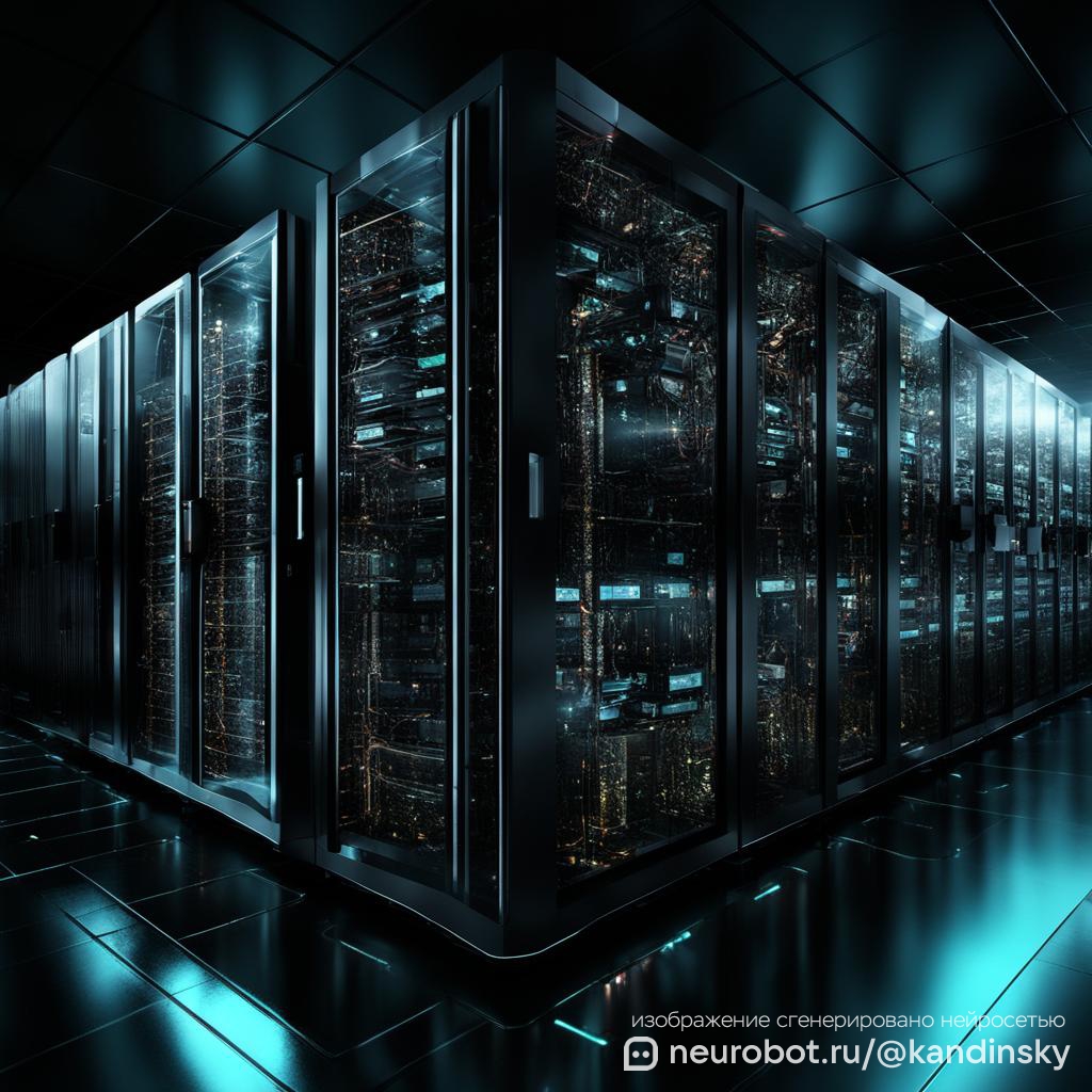 Цифровая 3D-визуализация центра обработки данных с прозрачными стенами промт для нейросети Кандинский, 1:1