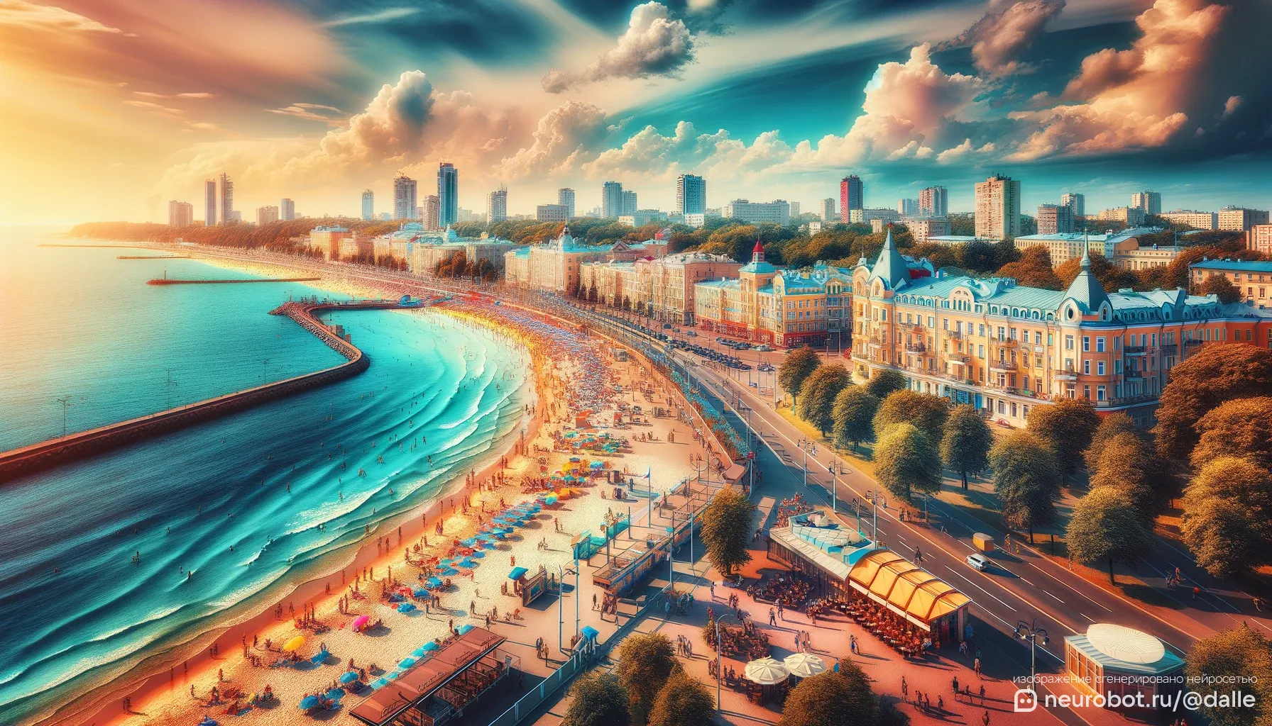 Живописный пейзаж российского прибрежного города летом, с изображением пляжа, променада и городского горизонта промт для нейросетей