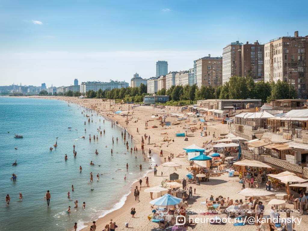 Живописный пейзаж российского прибрежного города летом, с изображением пляжа, променада и городского горизонта промт для нейросети Кандинский, 16:9