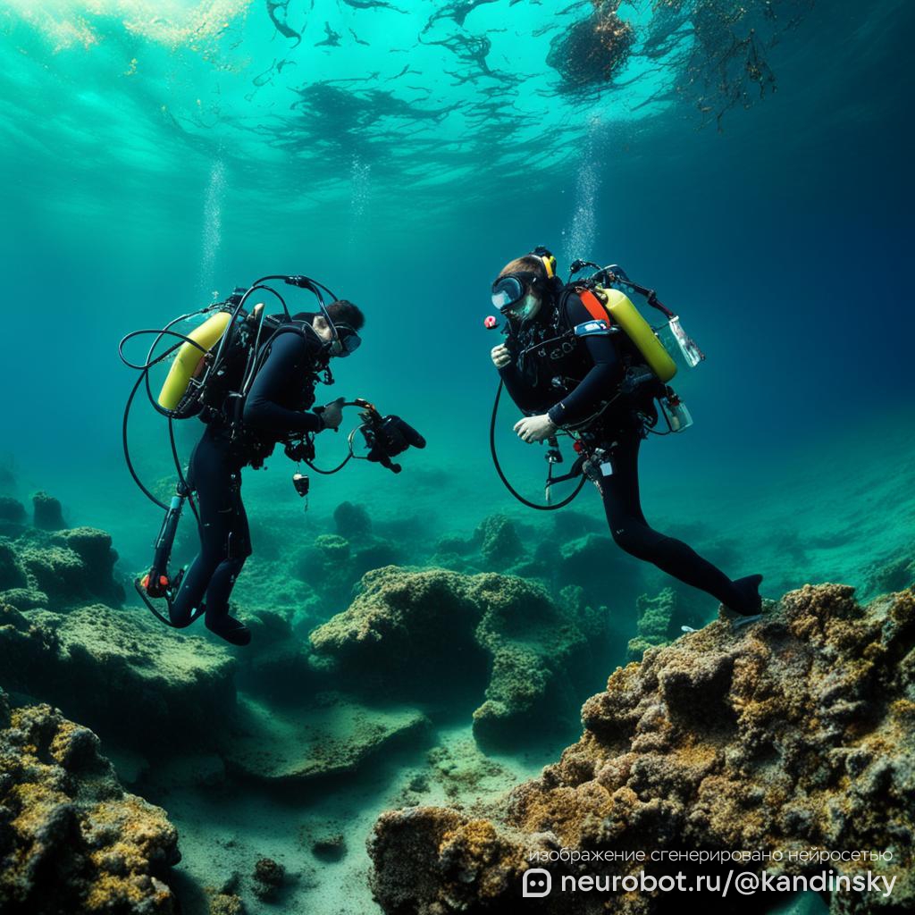 Подводная сцена с командой дайверов, занимающихся морской геофизикой промт для нейросети Кандинский, 1:1