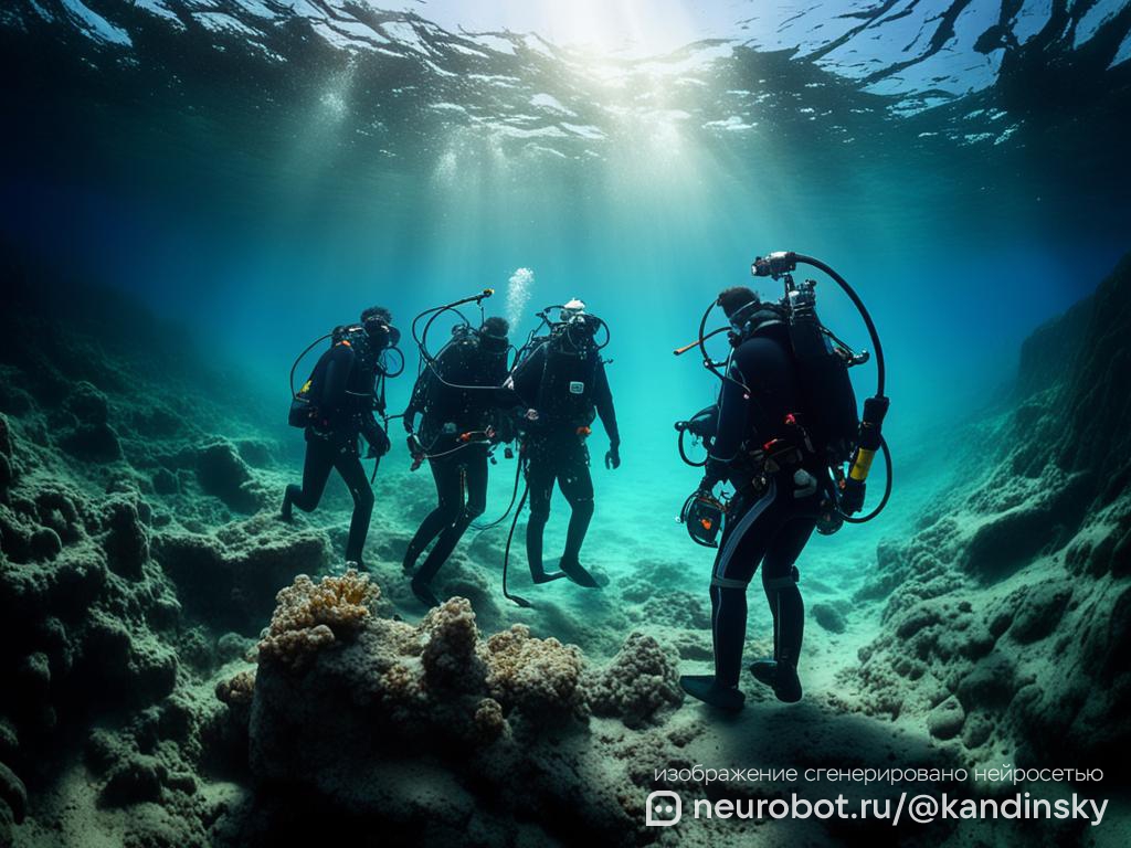 Подводная сцена с командой дайверов, занимающихся морской геофизикой промт для нейросети Кандинский, 16:9