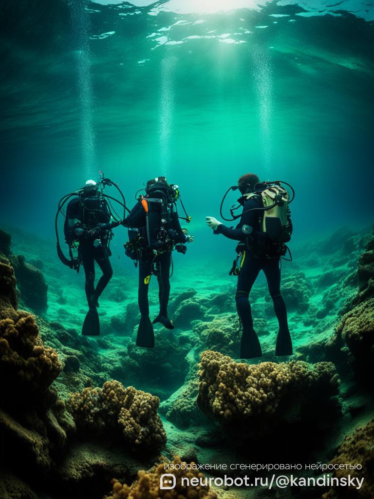 Подводная сцена с командой дайверов, занимающихся морской геофизикой промт для нейросети Кандинский, 9:16