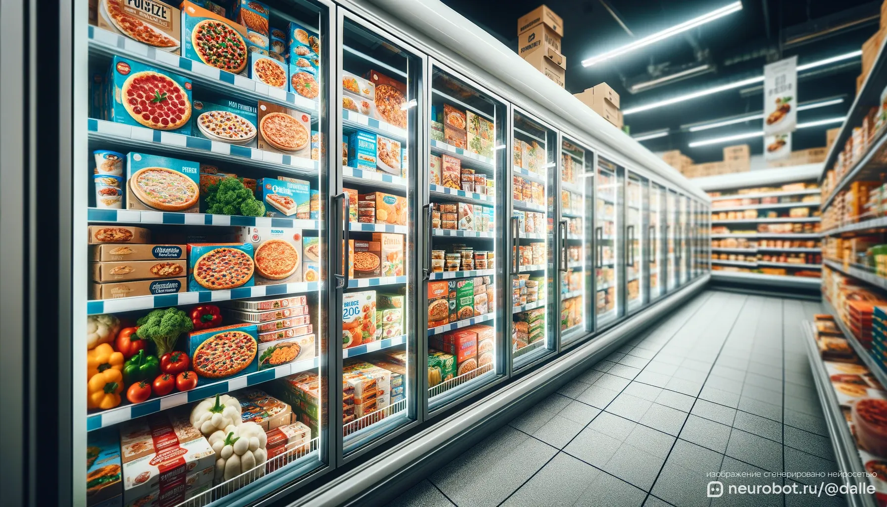 Изображение морозильного отдела в продуктовом магазине, заполненного разнообразными замороженными продуктами промт для нейросетей