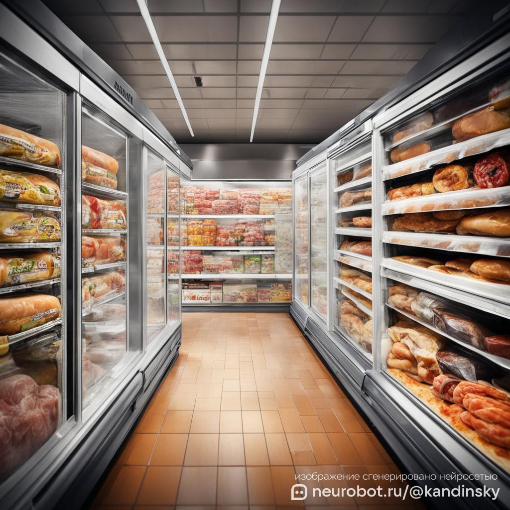 Изображение морозильного отдела в продуктовом магазине, заполненного разнообразными замороженными продуктами промт для нейросети Кандинский, 1:1