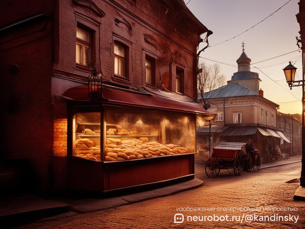 Внешний вид традиционной русской хлебопекарни на рассвете промт для нейросети Кандинский, 16:9