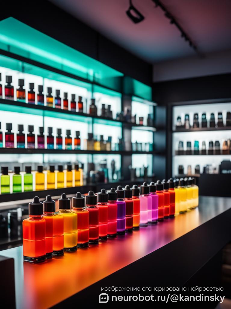 Магазины электронных сигарет и парогенераторов, а также принадлежностей к ним промт для нейросети Кандинский, 9:16