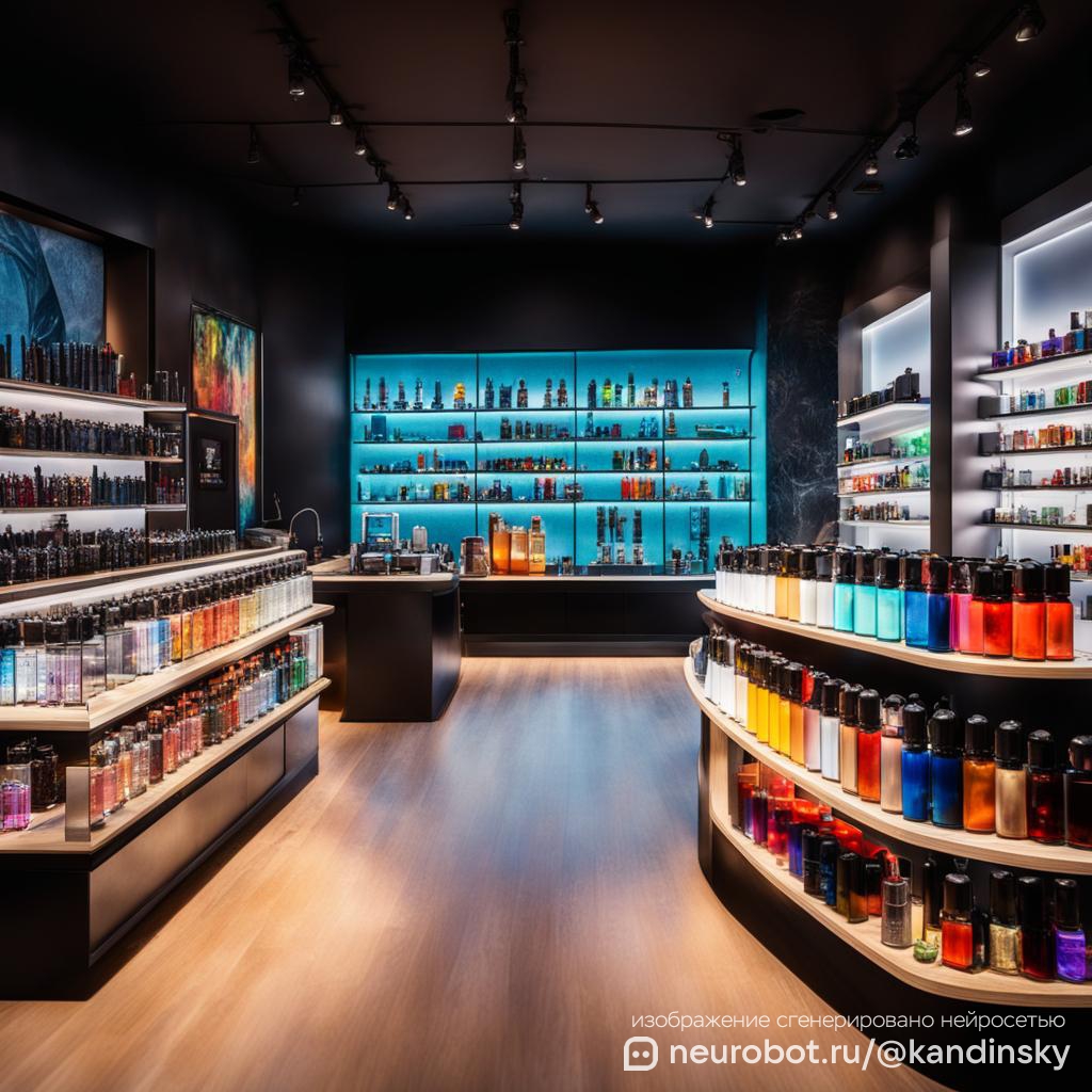 Магазины электронных сигарет и парогенераторов, а также принадлежностей к ним промт для нейросети Кандинский, 1:1