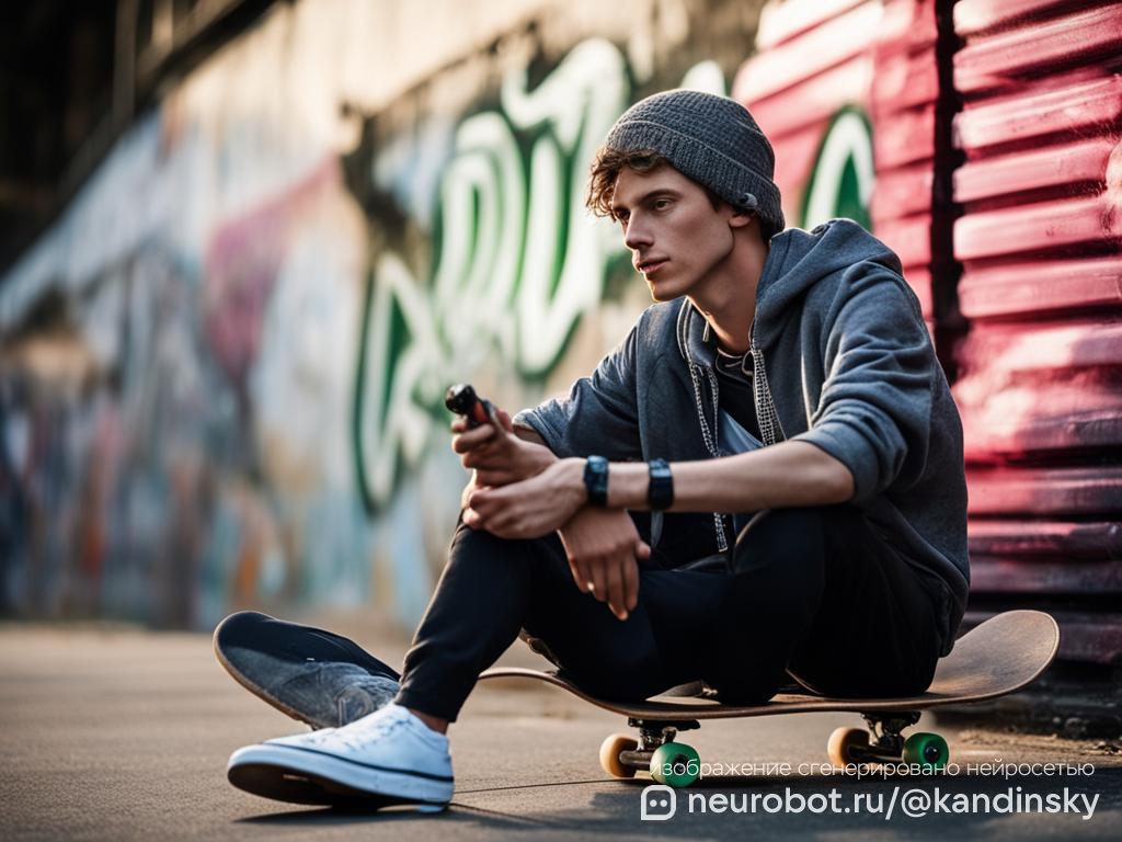 Динамичный молодой скейтбордист, делающий перерыв в городском парке промт для нейросети Кандинский, 16:9