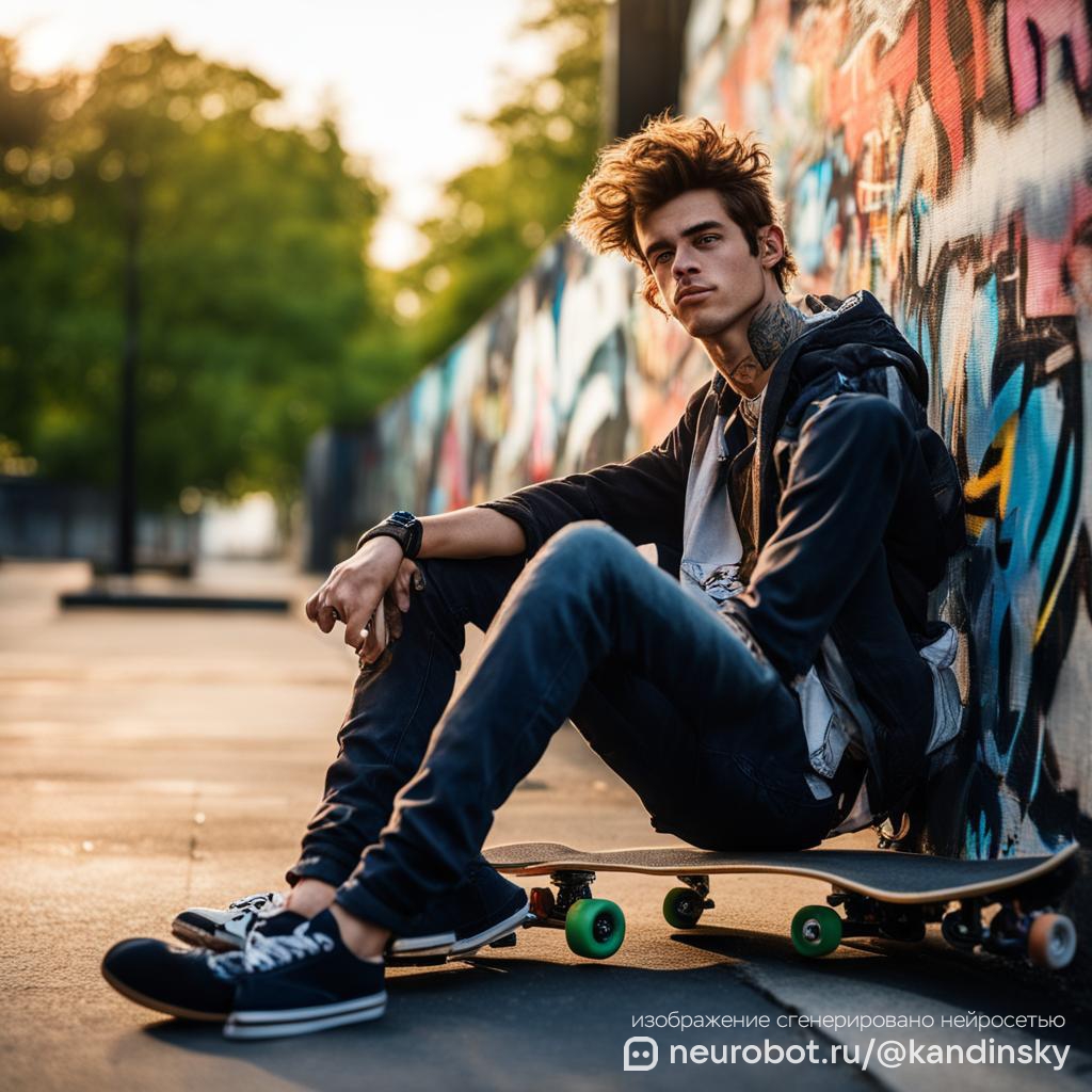 Динамичный молодой скейтбордист, делающий перерыв в городском парке промт для нейросети Кандинский, 1:1