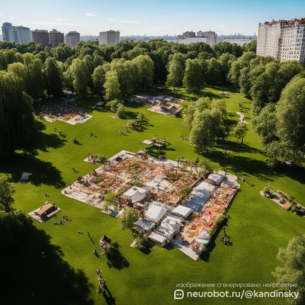 Вид с высоты птичьего полета на обширный городской парк в российском городе, где группа молодых людей наслаждается пикником промт для нейросети Кандинский, 1:1