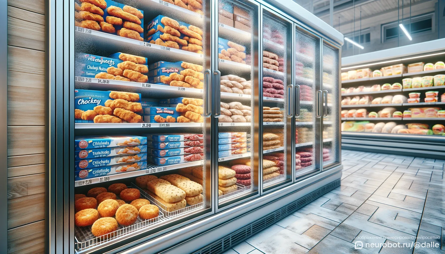 Изображение морозильной камеры в продуктовом магазине с различными замороженными продуктами из птицы промт для нейросетей