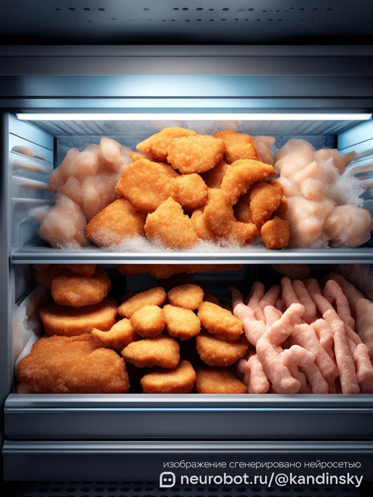 Изображение морозильной камеры в продуктовом магазине с различными замороженными продуктами из птицы промт для нейросети Кандинский, 9:16