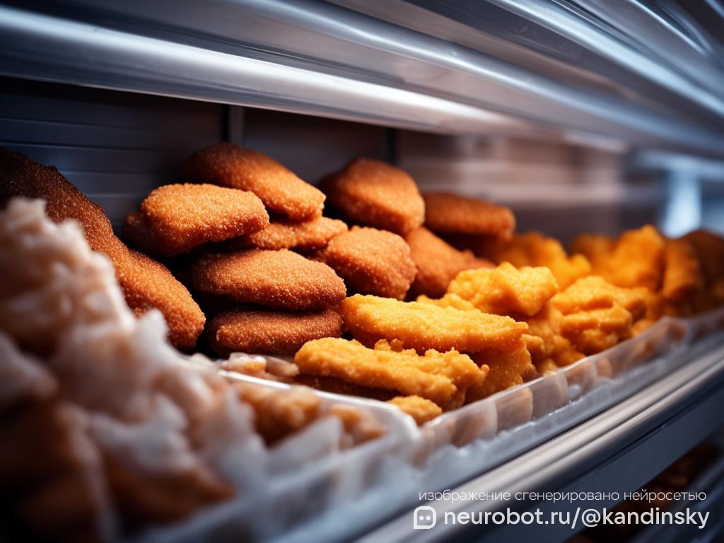 Изображение морозильной камеры в продуктовом магазине с различными замороженными продуктами из птицы промт для нейросети Кандинский, 16:9