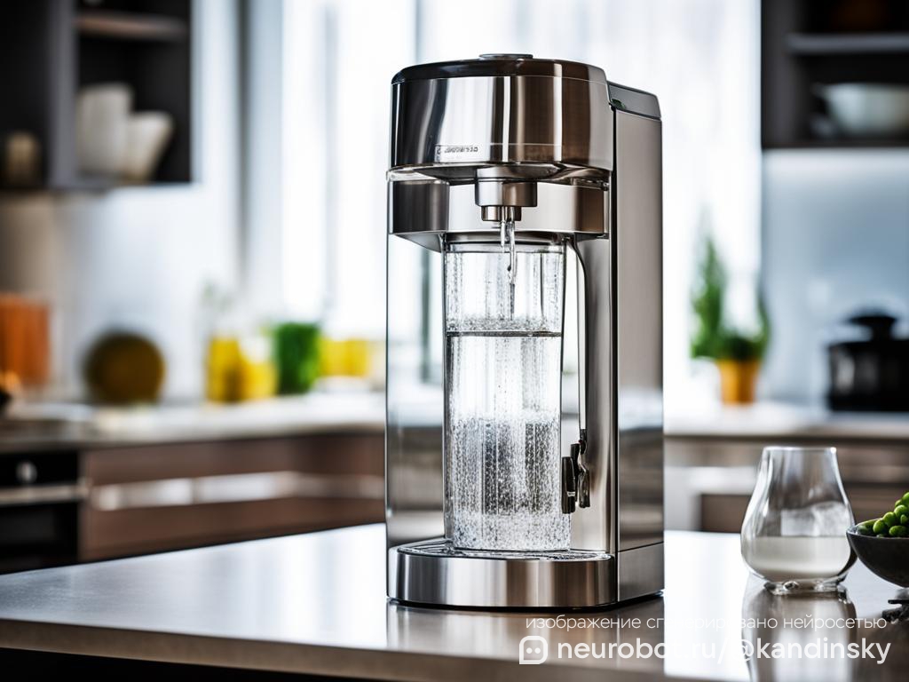 Крупный план диспенсера для воды на фоне уютной современной кухни промт для нейросети Кандинский, 16:9