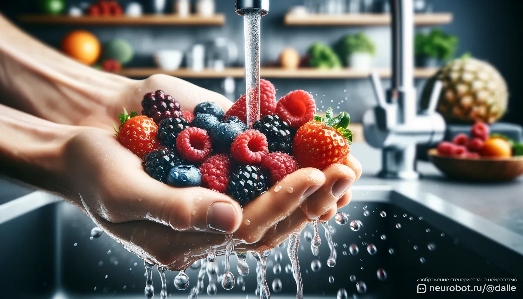 Крупный план смешанных ягод, промываемых под струей воды: ![Скачать изображение](sandbox:/mnt/data/A_close-up_image_of_a_handful_of_mixed_berries_(st промт для нейросетей