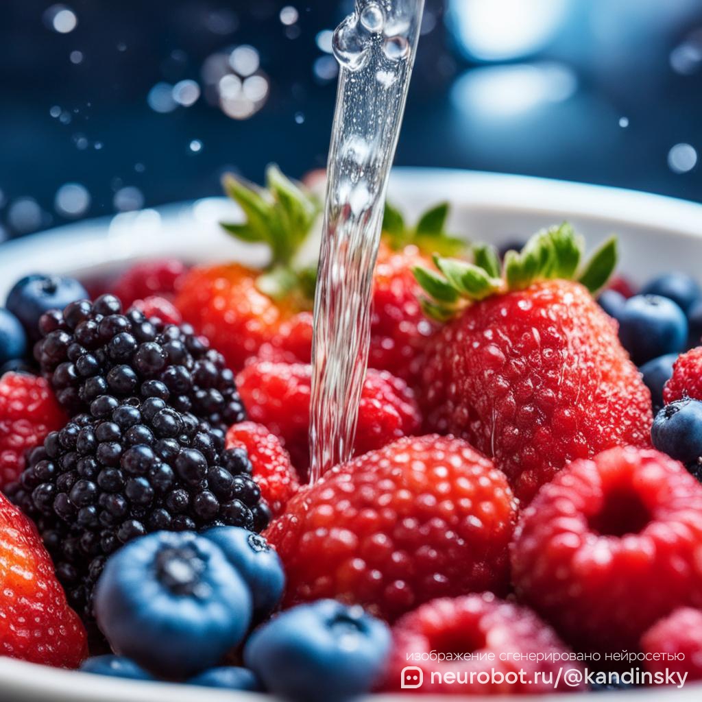 Крупный план смешанных ягод, промываемых под струей воды: ![Скачать изображение](sandbox:/mnt/data/A_close-up_image_of_a_handful_of_mixed_berries_(st промт для нейросети Кандинский, 1:1