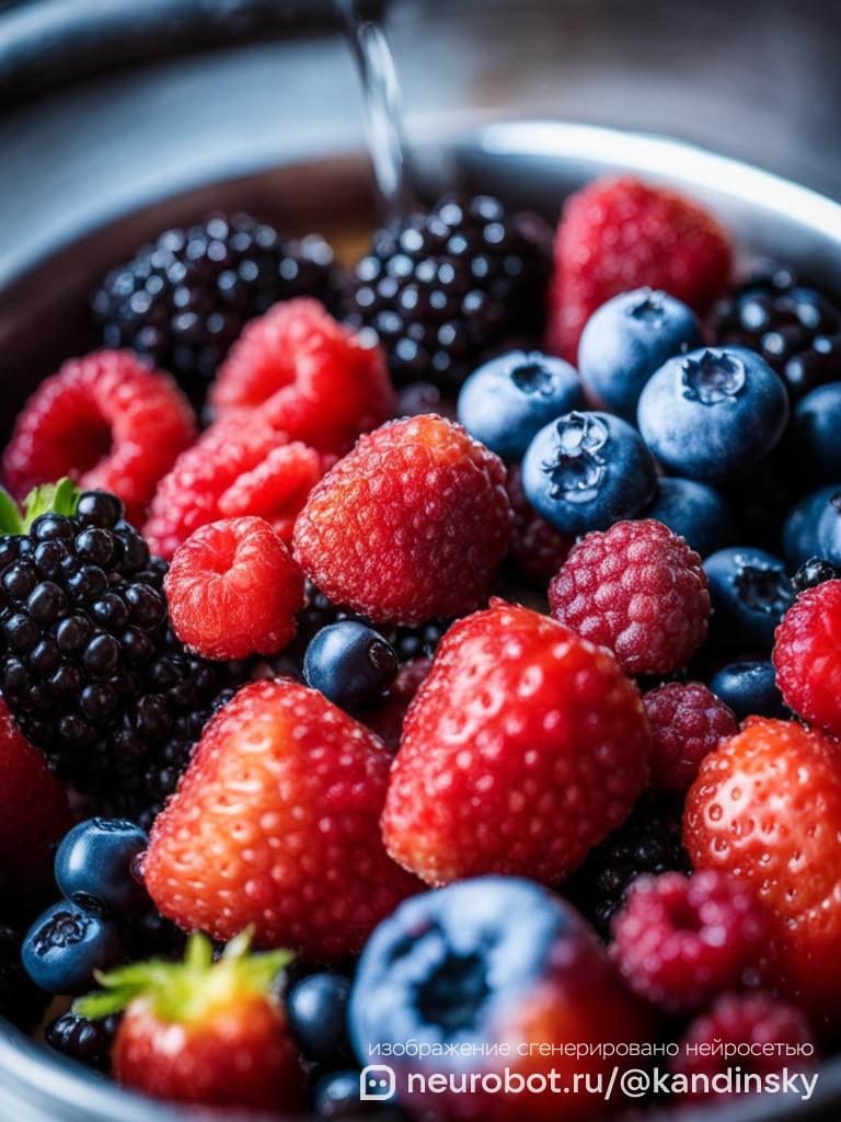 Крупный план смешанных ягод, промываемых под струей воды: ![Скачать изображение](sandbox:/mnt/data/A_close-up_image_of_a_handful_of_mixed_berries_(st промт для нейросети Кандинский, 9:16