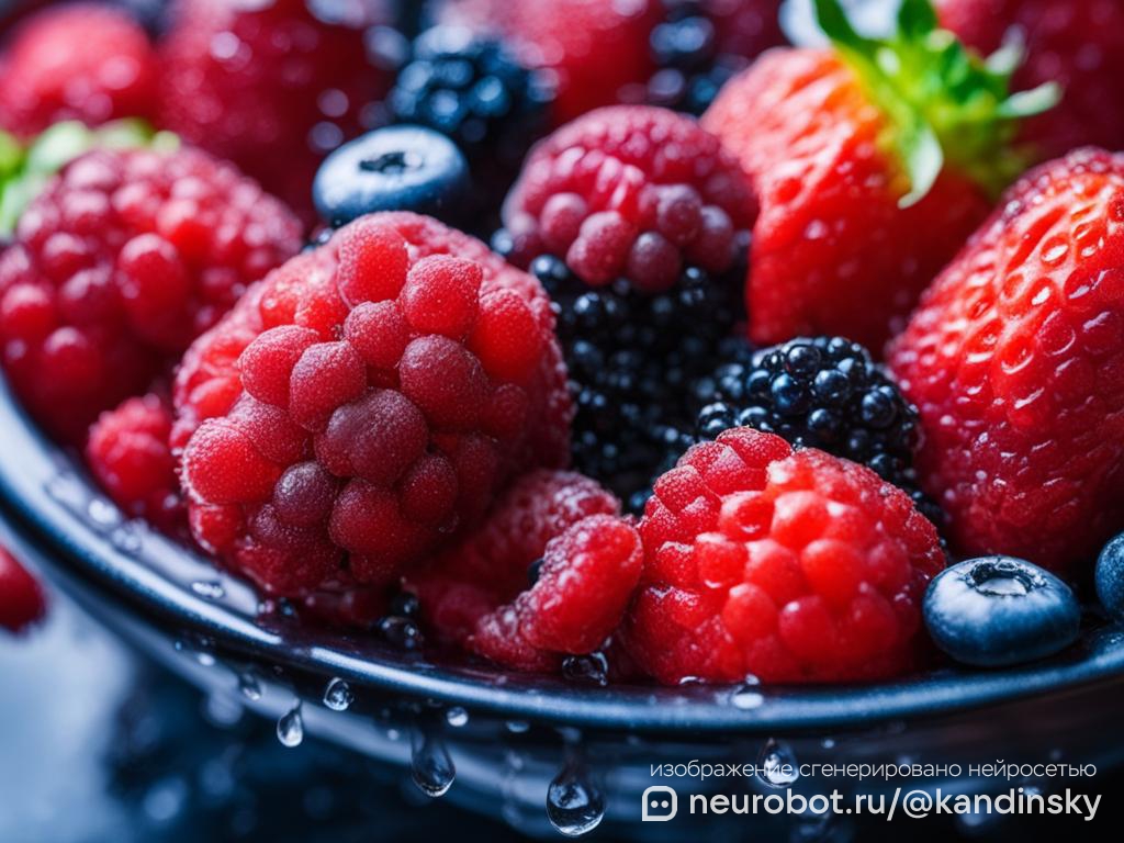Крупный план смешанных ягод, промываемых под струей воды: ![Скачать изображение](sandbox:/mnt/data/A_close-up_image_of_a_handful_of_mixed_berries_(st промт для нейросети Кандинский, 16:9