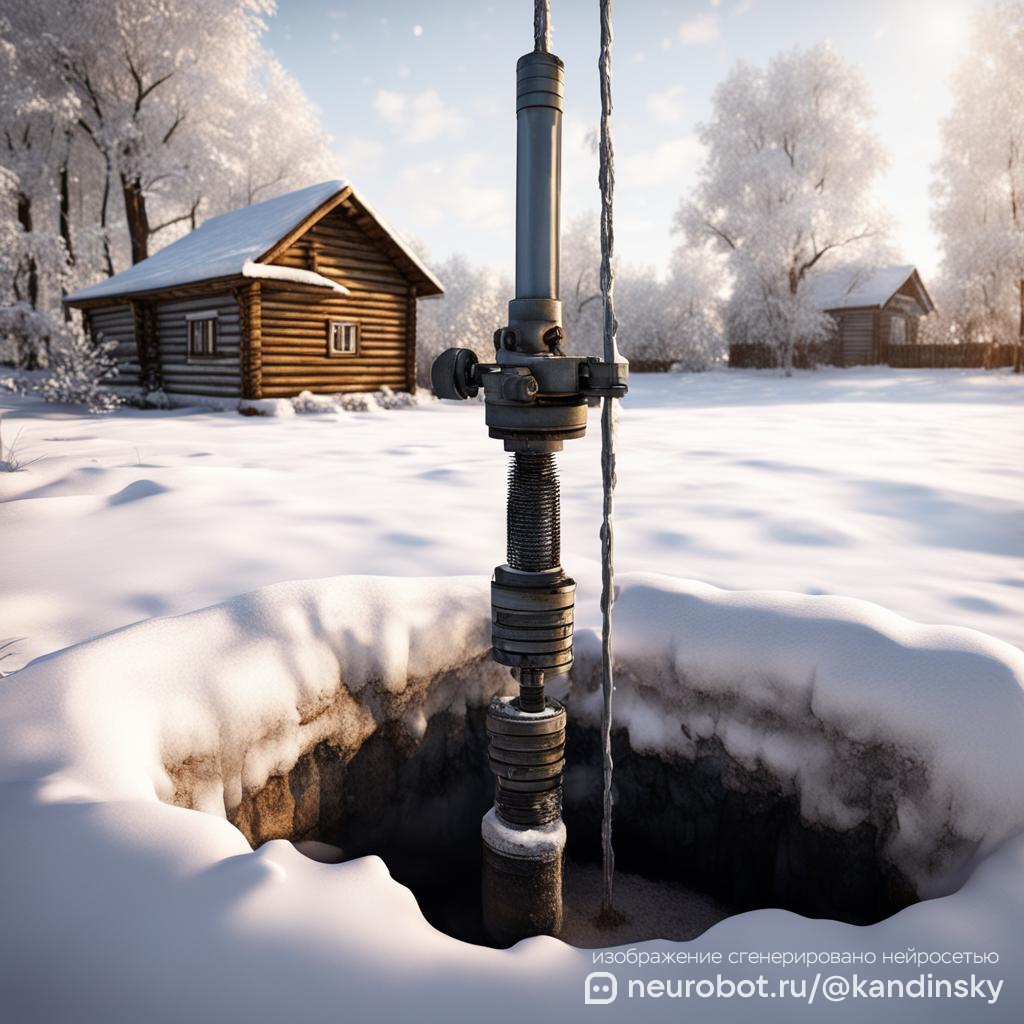 Фотореалистичное изображение процесса бурения скважины в заснеженной российской деревне: На переднем плане показан бур, проникающий в землю, на фоне снежных деревьев и традиционного русского деревянного дома промт для нейросети Кандинский, 1:1