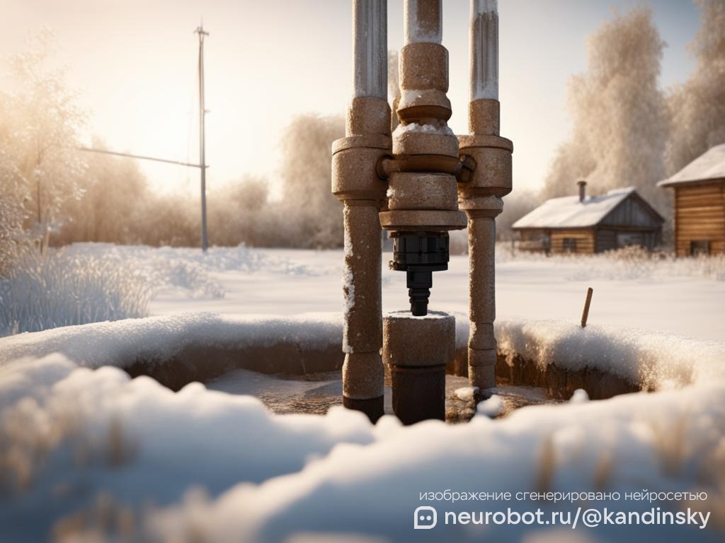 Фотореалистичное изображение процесса бурения скважины в заснеженной российской деревне: На переднем плане показан бур, проникающий в землю, на фоне снежных деревьев и традиционного русского деревянного дома промт для нейросети Кандинский, 16:9