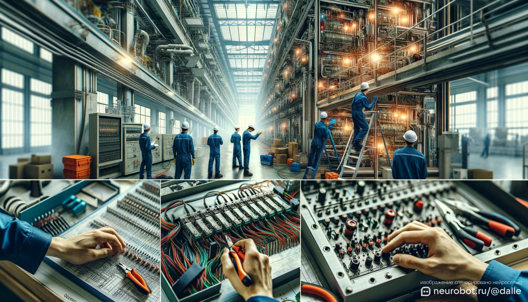 Электрики работают на электрическом щите промт для нейросетей
