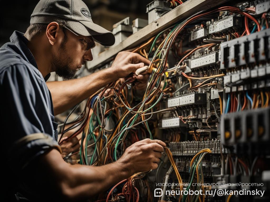 Электрики работают на электрическом щите промт для нейросети Кандинский, 16:9