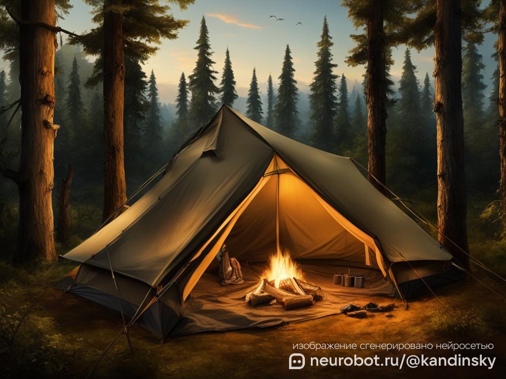 Фотореалистичное изображение кемпинга на лесной поляне промт для нейросети Кандинский, 16:9
