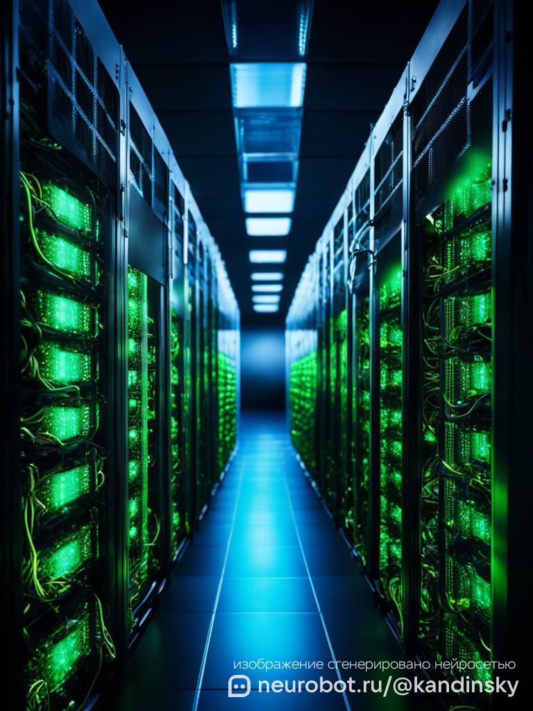 Современный центр обработки данных с рядами серверных стоек и светящимися светодиодными огнями промт для нейросети Кандинский, 9:16