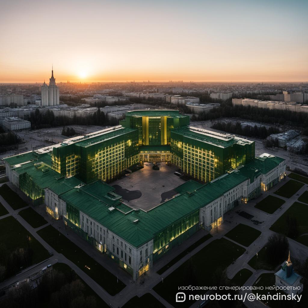 Воздушный вид на крупный административный комплекс в российском городе во время золотого часа промт для нейросети Кандинский, 1:1
