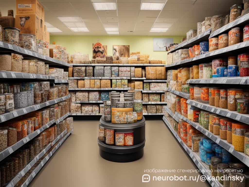 Раздел товаров для собак в зоомагазине промт для нейросети Кандинский, 16:9