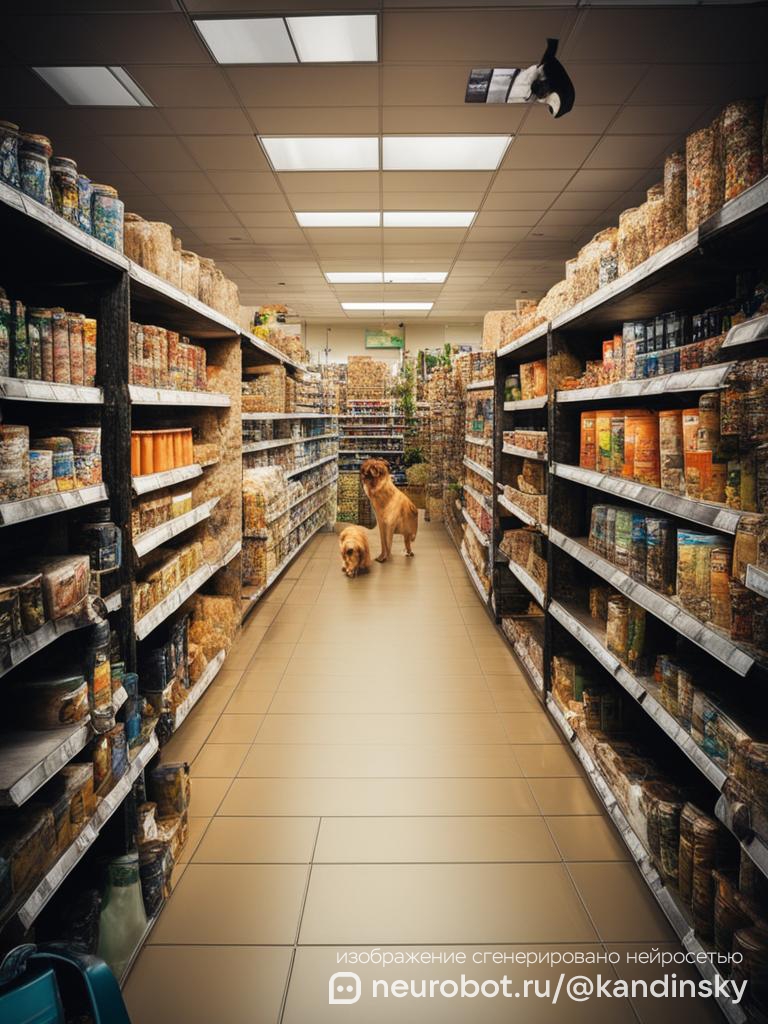 Раздел товаров для собак в зоомагазине промт для нейросети Кандинский, 9:16